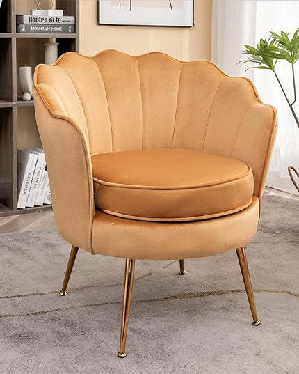 Velvet Barrel Accent Chair with Scalloped Silhouette and Gold Metal Legs, Decorative Piece Suitable for Traditional, Modern, and Contemporary Spaces, Mustard Yellow - LeafyLoom