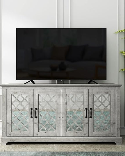 Galano Millicent TV Stand for 65+ Inch TV, Tall Entertainment Center with Mirror Doors, Rustic Media Console with Storage Shelves, Wood Television Stand for Living Room, Mexican Grey - LeafyLoom