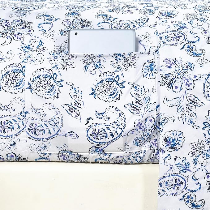 Elegant Comfort Softest and Coziest 6-Piece Sheet Set - 1500 Premium Hotel Quality Microfiber - Deep Pocket, Wrinkle Resistant 6-Piece Paisley Pattern Bed Sheet Set, Queen, Paisley Indigo - LeafyLoom