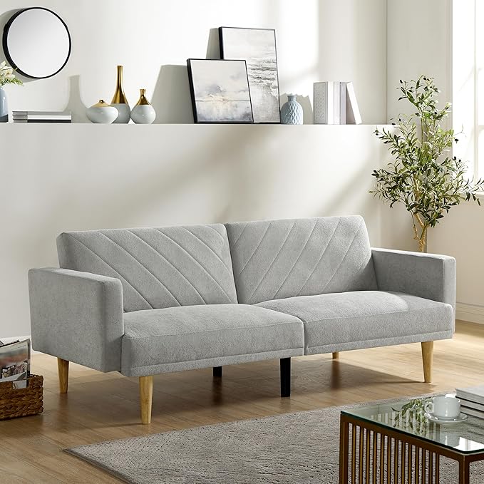 Folding Futon Sofa Tapered Wood Legs,Modern Space Saving Couch,Easily Converts to Single Bed,Easy Assembly,Multi-Functional Loveseat Ideal for Small Home Living Room,Grey, 76" - LeafyLoom