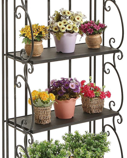 MyGift Black Metal Freestanding Shelf Rack, Decorative Bakers Rack Bookshelf Storage Shelf Unit with Metal Scrollwork Frame, Indoor Plant Pot Display Stand with 4 Wood Shelves - LeafyLoom