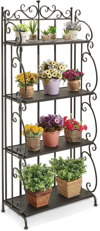 MyGift Black Metal Freestanding Shelf Rack, Decorative Bakers Rack Bookshelf Storage Shelf Unit with Metal Scrollwork Frame, Indoor Plant Pot Display Stand with 4 Wood Shelves - LeafyLoom