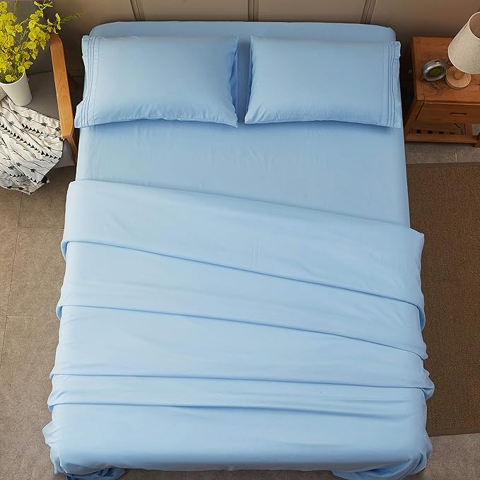 SONORO KATE Bed Sheet Set Super Soft Microfiber 1800 Thread Count Luxury Egyptian Sheets 16-Inch Deep Pocket Wrinkle-4 Piece(Queen Lake Blue) - LeafyLoom