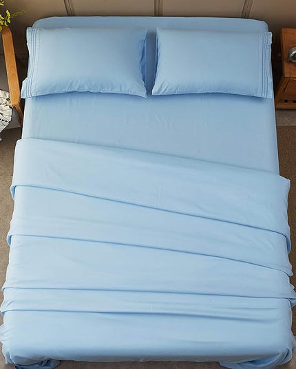 SONORO KATE Bed Sheet Set Super Soft Microfiber 1800 Thread Count Luxury Egyptian Sheets 18-Inch Deep Pocket Wrinkle-4 Piece(California King Lake Blue) - LeafyLoom