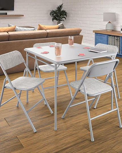 COSCO Premium 5-Piece Dining Set, with 34" Vinyl Top Card Table and 4 Fabric Padded Seat & Back Folding Chairs, Gray - LeafyLoom