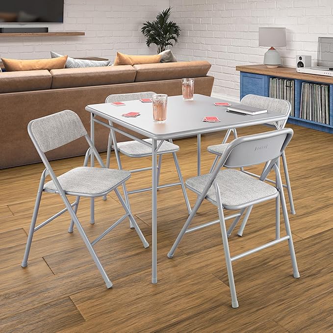 COSCO Premium 5-Piece Dining Set, with 34" Vinyl Top Card Table and 4 Fabric Padded Seat & Back Folding Chairs, Gray - LeafyLoom