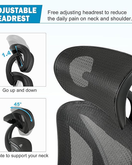 GABRYLLY Ergonomic Office Chair, Mesh Desk Chair with Lumbar Support, Adjustable 3D Arms, Reclining, Headrest & Large Seat - Big and Tall Ergonomic Chair for Home Office Work(Grey) - LeafyLoom