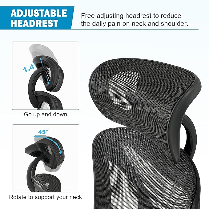 GABRYLLY Ergonomic Office Chair, Mesh Desk Chair with Lumbar Support, Adjustable 3D Arms, Reclining, Headrest & Large Seat - Big and Tall Ergonomic Chair for Home Office Work(Grey) - LeafyLoom