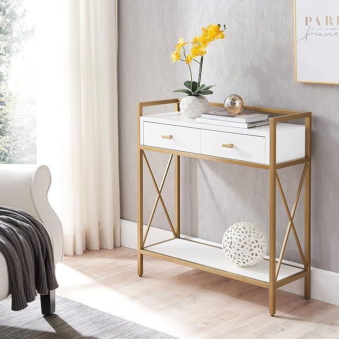 Leick Home 9231-WTGL Claudette Mixed Metal and Wood Hall Stand with Shelf, White/gold - LeafyLoom