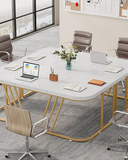 63 inches Executive Desk, Home Office Computer Desk, Modern Large Conference Table with Gold Metal Frame, Bussiness Furniture for Work Writing - LeafyLoom