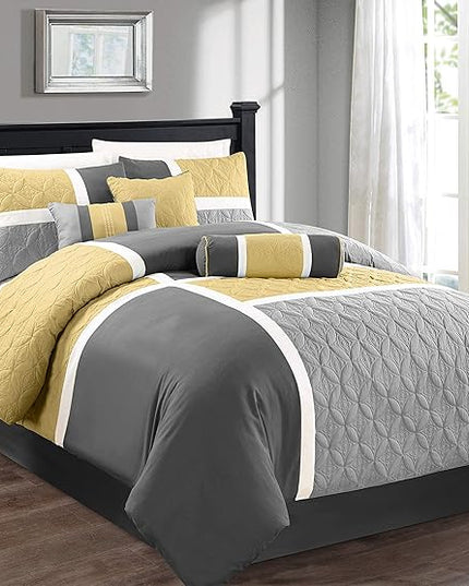 Chezmoi Collection Upland 7-Piece Quilted Patchwork Comforter Set, Yellow/Charcoal/Gray, Queen - LeafyLoom