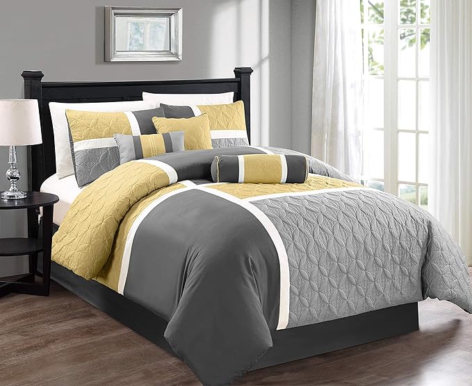 Chezmoi Collection Upland 7-Piece Quilted Patchwork Comforter Set, Yellow/Charcoal/Gray, King - LeafyLoom