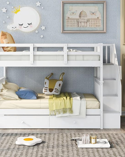 Twin Over Twin Bunk Bed with Stairs Storage and Trundle, Stairway Wooden 3 Bedframes in 1 with Safety Guardrails, for Kids Teens Adult Bedroom, White - LeafyLoom