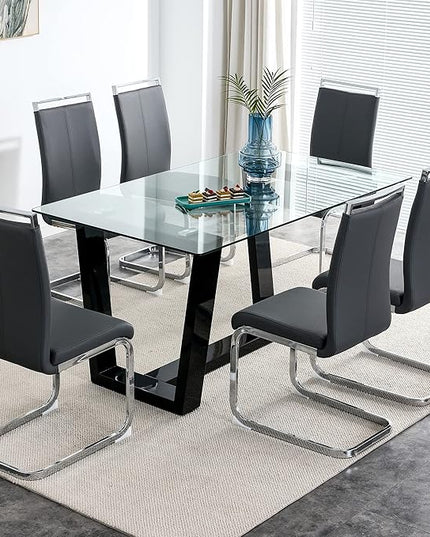 NicBex Glass Dining Table Large Modern Minimalist Rectangular for 6-8 with 0.4" Tempered Glass Tabletop and Black MDF Trapezoid Bracket,for Kitchen Dining Living Meeting Room Banquet Hall, Black - LeafyLoom