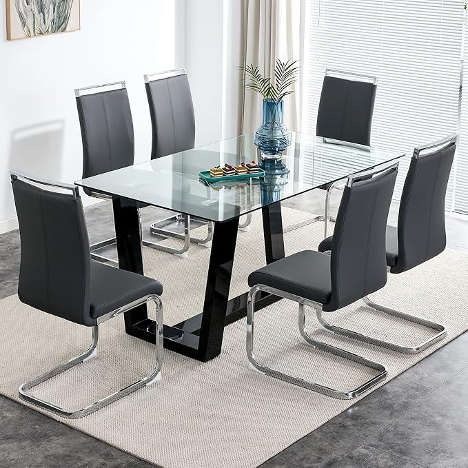 NicBex Glass Dining Table Large Modern Minimalist Rectangular for 6-8 with 0.4" Tempered Glass Tabletop and Black MDF Trapezoid Bracket,for Kitchen Dining Living Meeting Room Banquet Hall, Black - LeafyLoom
