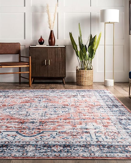 nuLOOM Rina Faded Persian Machine Washable Ultra Thin Area Rug, 5' x 8', Rust - LeafyLoom
