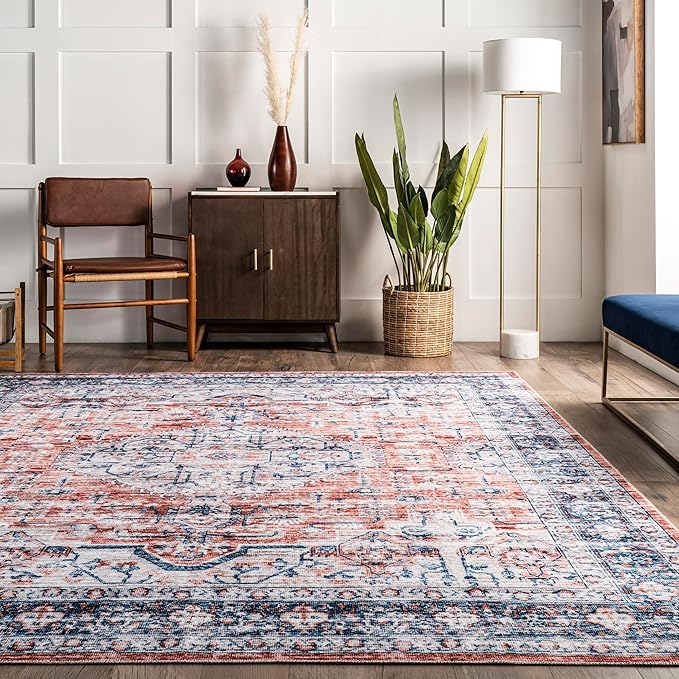 nuLOOM Rina Faded Persian Machine Washable Ultra Thin Area Rug, 5' x 8', Rust - LeafyLoom