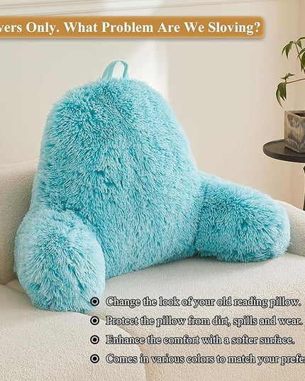 XeGe Faux Fur Reading Pillow Cover (No Filler), Fluffy Back Rest Pillow Case for Bed Sitting Up, Adults Kids Gaming Shaggy Sit Up Back Support Pillow Cover with Arms for Couch Chair Car, Aqua Ombre - LeafyLoom
