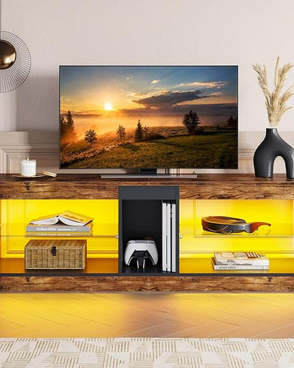 Bestier Entertainment Center Gaming TV Stand for 55 Inch+ TV LED Television Stand with 2 Adjustable Glass Shelves PS Game Console Cabinet for Living Room, Rustic Brown - LeafyLoom