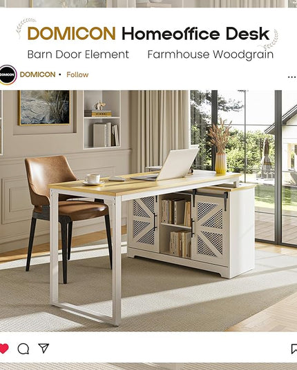Rustic Corner Desk with Storage, L Shaped Farmhouse Office Desk with Sufficient Storage Capacity, Built-in Power Socket and Barn Door Design - LeafyLoom