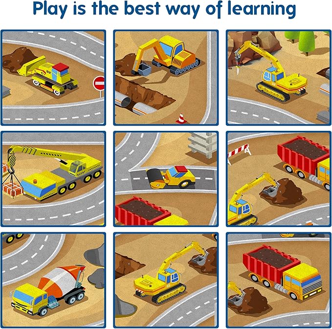 Kids Construction Site Play Rug Non-Slip Construction Vehicles Play Mat for Driving Toy Cars Daycare Nursery Preschool Playroom Kids Car Activity Carpet (construction play rug, 39X59 inches) - LeafyLoom