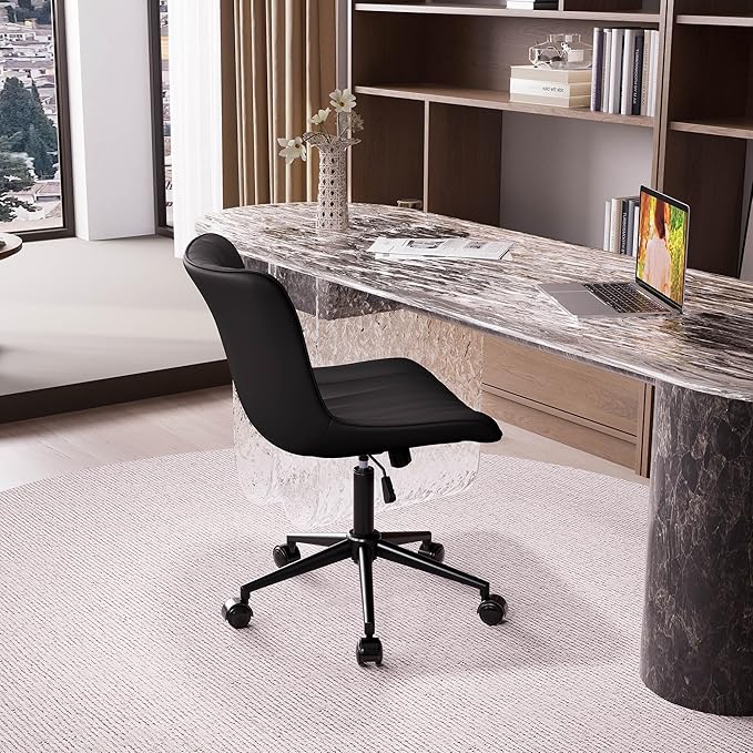 YOUNIKE Office Chair Swivel Desk Chair Upholstered Faux Leather Height Adjustable with Wheels Computer Task Chair Modern Rolling Armless Back, Black, Loads 300 lbs - LeafyLoom