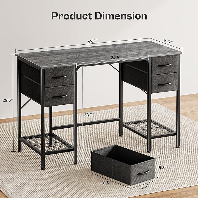 47 Inch Computer Desk with 4 Drawers, Office Desk with Mesh Shelf, Gaming Desk, Large Storage, Writing Desk Work Desk for Home Office, Study, Bedroom, Work from Home, Grey - LeafyLoom