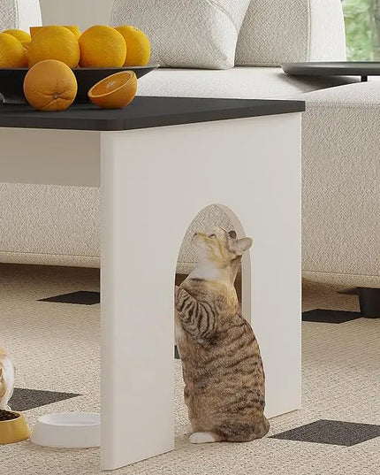 ChooChoo Farmhouse Coffee Table, Cocktail Table Wooden Modern Coffee Table with Opening Cat House for Accent Furniture for Living Room, Meeting Room, Home Decor - LeafyLoom