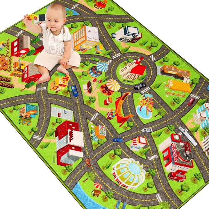 Kids Rugs Traffic Road Carpet for Car City Map Play Rug 5'×6.7' for Playroom Educational Mat Area Rug, Kid Playtime Collection Toddler Car Track Rug Cute Cartoon (City Road B, 59×78.7 in) - LeafyLoom