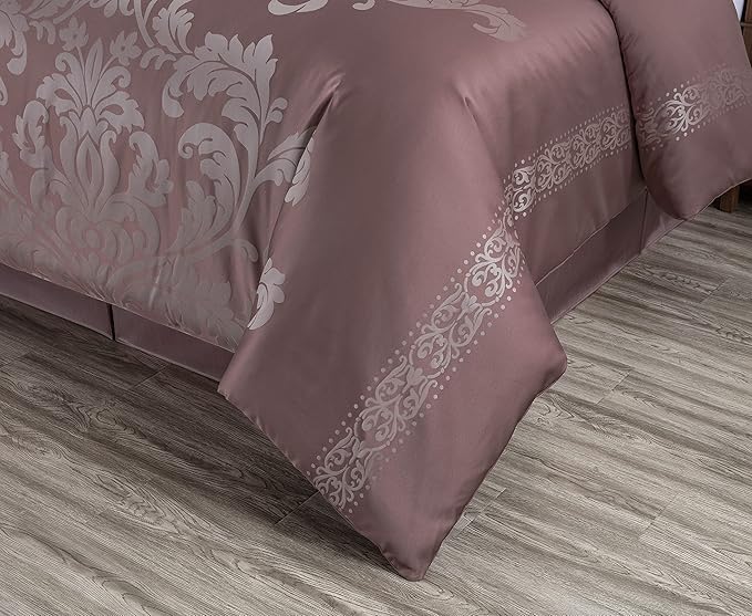 Chezmoi Collection 7-Piece Jacquard Floral Comforter Set (California King, Woodrose/Gray) - LeafyLoom