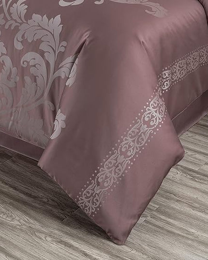 Chezmoi Collection 7-Piece Jacquard Floral Comforter Set (King, Woodrose/Gray) - LeafyLoom
