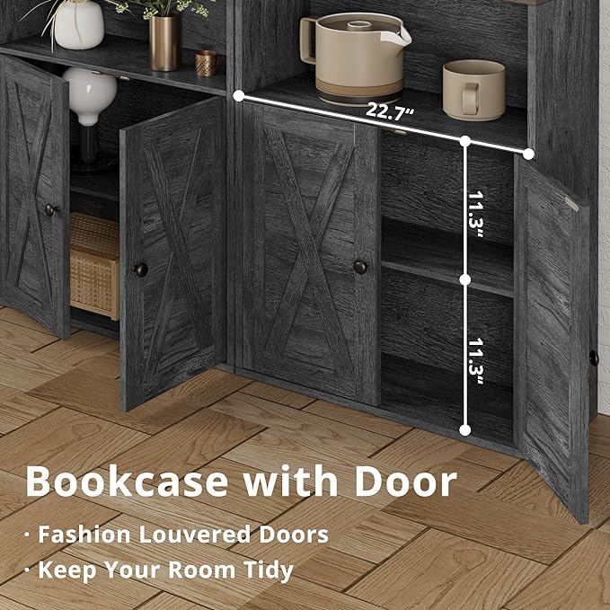 IRONCK Industrial Bookshelves and Bookcases with Doors Floor Standing 6 Shelf Display Storage Shelves 70 in Tall Bookcase for Home Office, Living Room - LeafyLoom