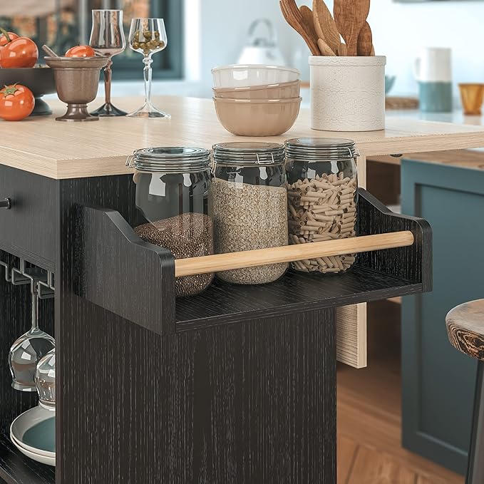 IRONCK Rolling Kitchen Island Cart with Drop-Leaf and Wine Rack, Microwave Rack Serving Cart on Wheels with Drawer & Shelves & Spice Rack & Cup Hanging, Black - LeafyLoom