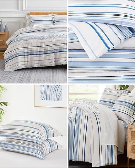 Southshore Fine Living, Inc. 3-Piece Full/Queen Comforter Set, Down Alternative All-Season Striped Comforter with 2 Shams, Soft Microfiber Bedspread, Full or Queen Bed, Coastal Stripes Blue - LeafyLoom
