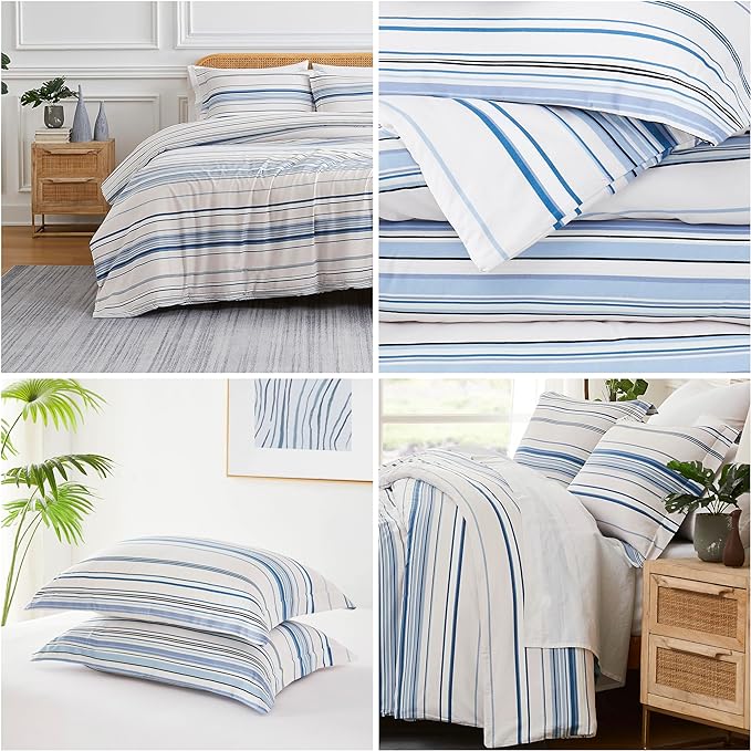 Southshore Fine Living, Inc. 3-Piece Full/Queen Comforter Set, Down Alternative All-Season Striped Comforter with 2 Shams, Soft Microfiber Bedspread, Full or Queen Bed, Coastal Stripes Blue - LeafyLoom