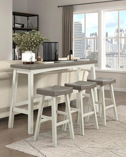 Lexicon Bar Table Set for 3, Small Kitchen table set Kitchen Island Table with 3 Saddle Bar Stools, 4 Piece Dining Table Set for Breakfast Nook, Living Room, Apartment, Pub Height, White/Coffee - LeafyLoom