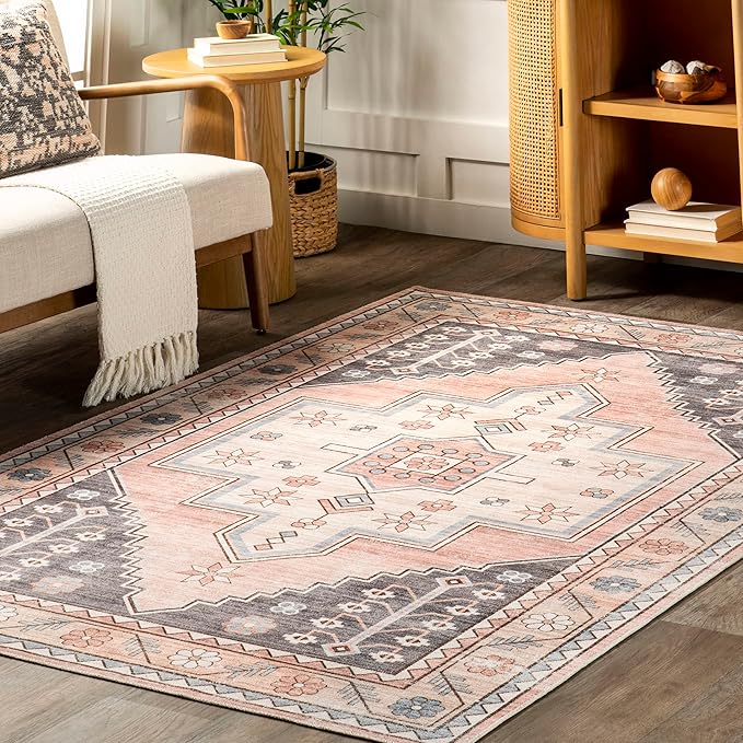 nuLOOM Catreena Transitional Floral Machine Washable Ultra Thin Area Rug, 5' x 8', Pink - LeafyLoom