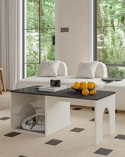 ChooChoo Farmhouse Coffee Table, Cocktail Table Wooden Modern Coffee Table with Opening Cat House for Accent Furniture for Living Room, Meeting Room, Home Decor - LeafyLoom