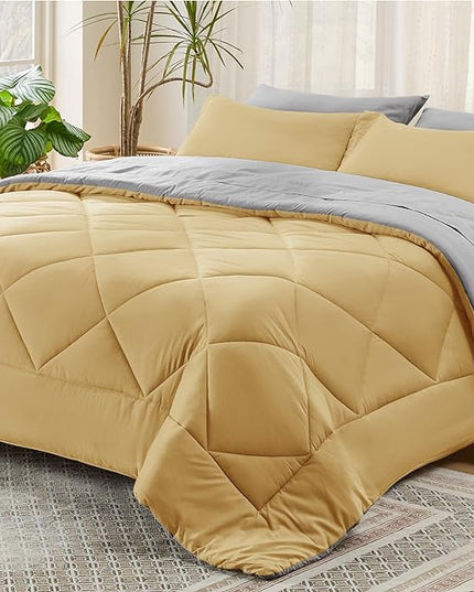 Bedsure Yellow California King Size Comforter Set - 7 Pieces Reversible Cal King Bed in a Bag California King Bed Set with Comforters, Sheets, Pillowcases & Shams, - LeafyLoom