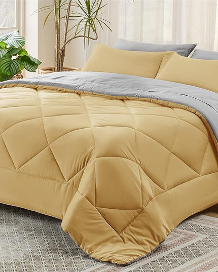 Bedsure Yellow Queen Comforter Set - 7 Pieces Reversible Queen Bed in a Bag Queen Bed Set with Comforters, Sheets, Pillowcases & Shams, Queen Bedding Sets - LeafyLoom