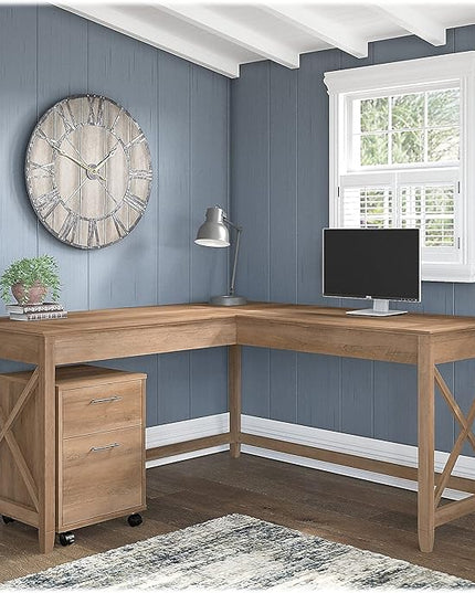 Bush Furniture Key West 60W L Shaped Desk with 2 Drawer Mobile File Cabinet in Reclaimed Pine - LeafyLoom