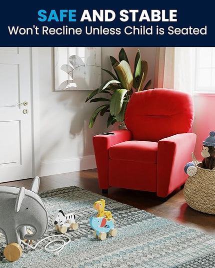 Flash Furniture Chandler Microfiber Kids Recliner with Cup Holder and Safety Recline, Contemporary Reclining Chair for Kids, Supports up to 90 lbs., Red - LeafyLoom