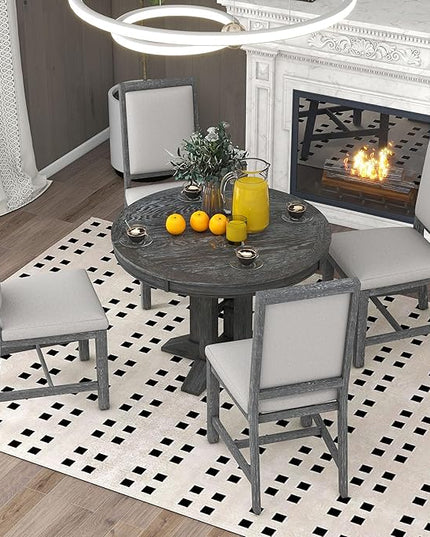 Extendable Round Upholstered, X-Shape Base, Modern Small Kitchen Chairs Room Home Furniture Breakfast Nook, Dining Table Set for 4-6, Black - LeafyLoom