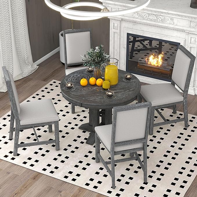 Extendable Round Upholstered, X-Shape Base, Modern Small Kitchen Chairs Room Home Furniture Breakfast Nook, Dining Table Set for 4-6, Black - LeafyLoom