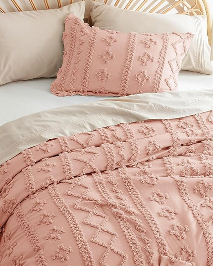 Bedsure Tufted Boho Comforter Set Full - Pink Boho Bedding Comforter Set, 3 Pieces Farmhouse Shabby Chic Embroidery Bed Set, Soft Jacquard Comforter for All Seasons - LeafyLoom