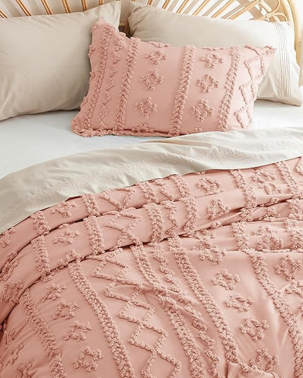 Bedsure Tufted Boho Comforter Set Queen - Pink Boho Bedding Comforter Set, 3 Pieces Farmhouse Shabby Chic Embroidery Bed Set, Soft Jacquard Comforter for All Seasons - LeafyLoom