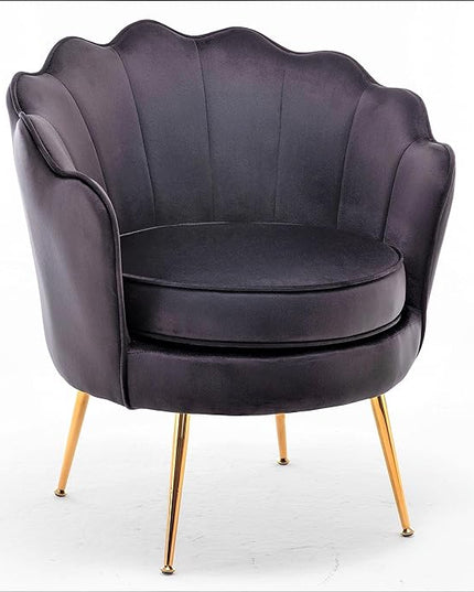 Velvet Barrel Accent Chair with Scalloped Silhouette and Gold Metal Legs, Decorative Piece Suitable for Traditional, Modern, and Contemporary Spaces, Black - LeafyLoom