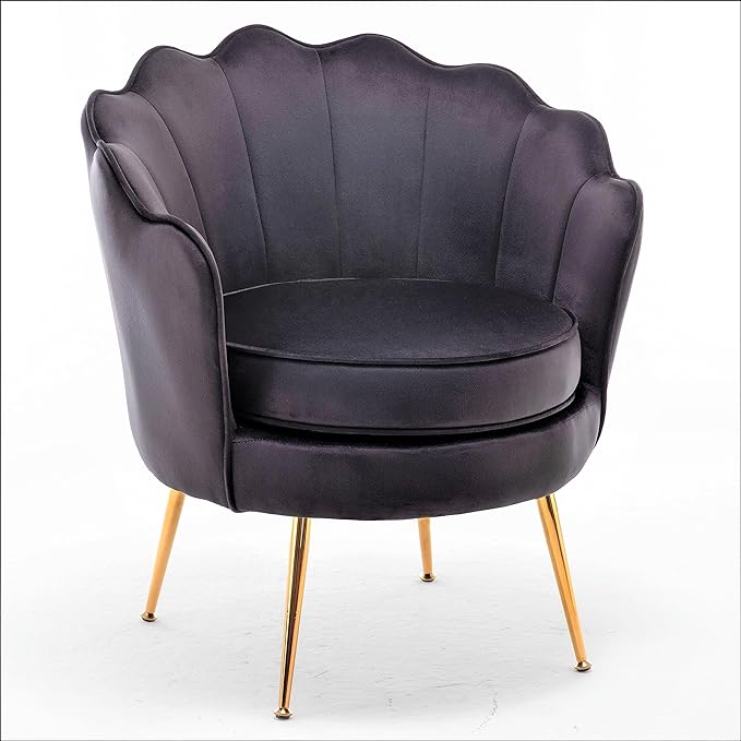 Velvet Barrel Accent Chair with Scalloped Silhouette and Gold Metal Legs, Decorative Piece Suitable for Traditional, Modern, and Contemporary Spaces, Black - LeafyLoom