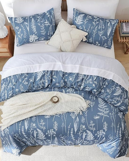 JANZAA Comforters Queen Size Queen Comforter Blue Bedding Cute Floral Bed Set, Lightweight Soft Botanical Flower Comforter and 2 Pillow Cases All Season - LeafyLoom
