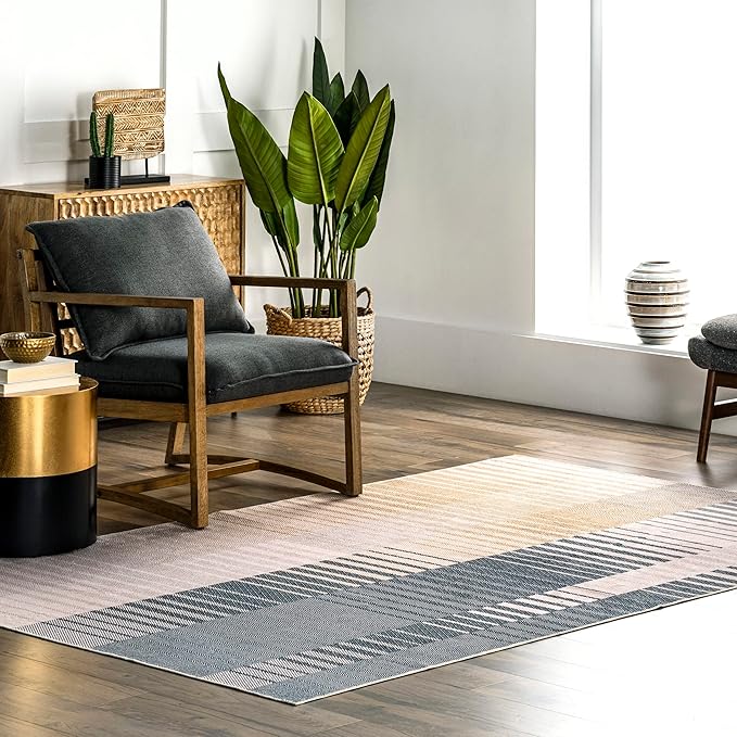 nuLOOM Lennie Modern Multi Striped Machine Washable Ultra Thin Area Rug, 3' x 5', Beige - LeafyLoom